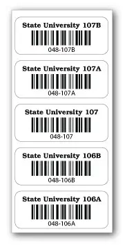 school asset labels - White barcoded labels with "State University" and sequential numbering 