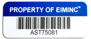 White and blue asset label with barcode and "property of EIMINC" Inventory labels