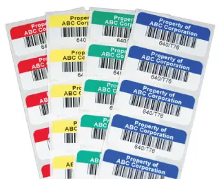Asset labels with barcodes and various colors - color coding labels