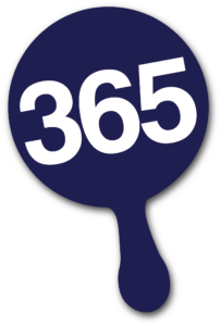 Blue auction paddle with "365"