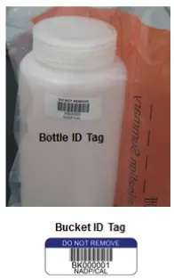Bottle ID tag affixed to a sample bottle and example graphic of a Bucket ID tag for water survey labels