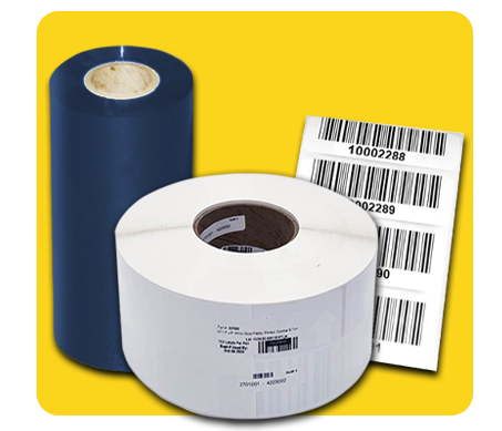 Label roll, ribbon, and printed label with yellow background