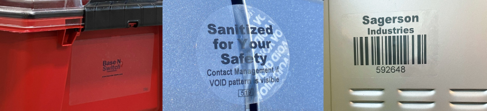 Photo collage of clear labels applied to a warehouse bin, a car, and a metal industrial locker