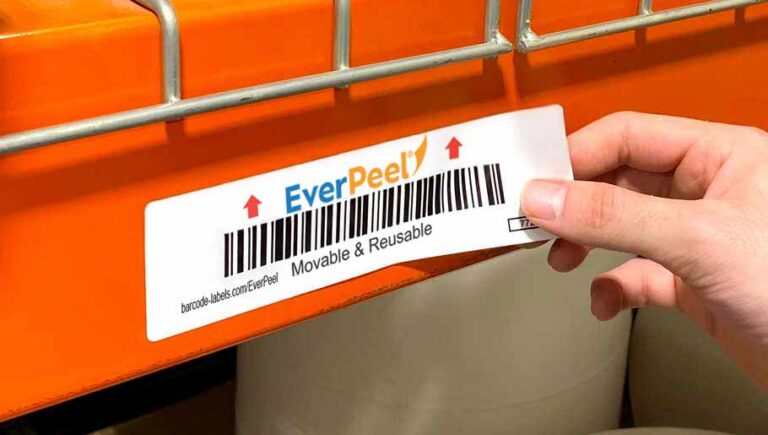 EverPeel Moveable and Reusable label on an orange warehouse rack.