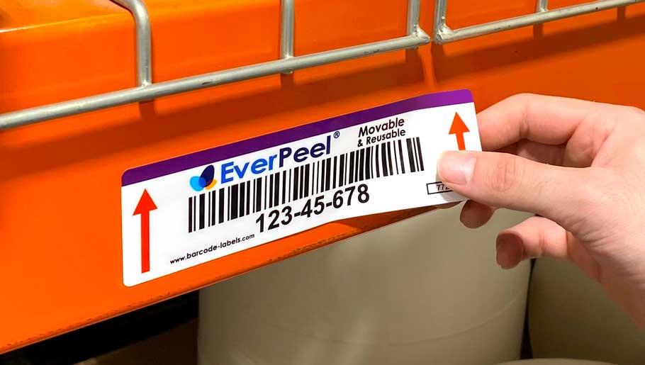 EverPeel Moveable and Reusable label on an orange warehouse rack