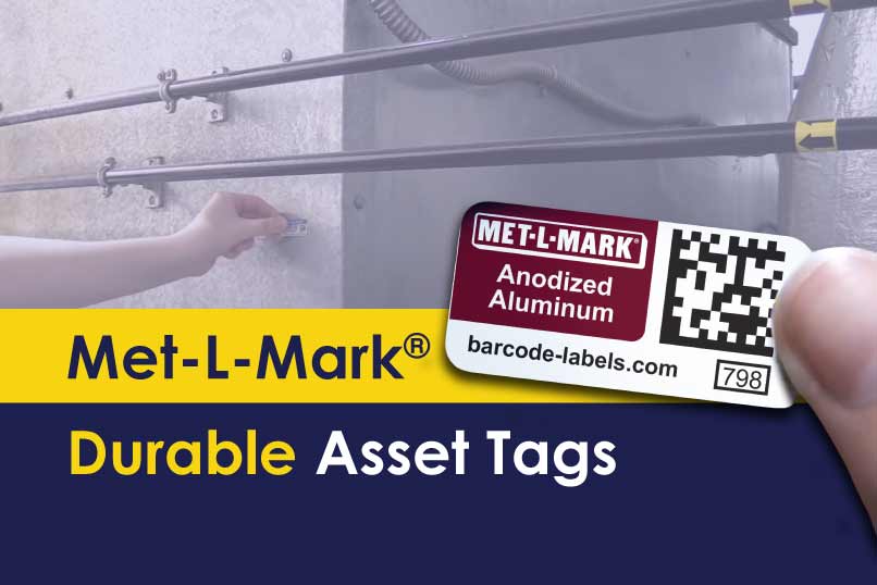 YouTube thumbnail featuring a Met-L-Mark anodized aluminum tag being applied to an industrial surface. Bold banner text reads “Met-L-Mark” and “Durable Asset Tags" in yellow and navy branding.