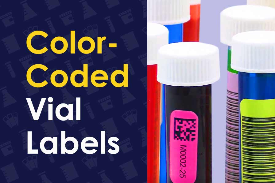 YouTube thumbnail featuring labeled color-coded sample test tubes. Bold banner text reads “Color-Coded Vial Labels” in yellow and navy branding.
