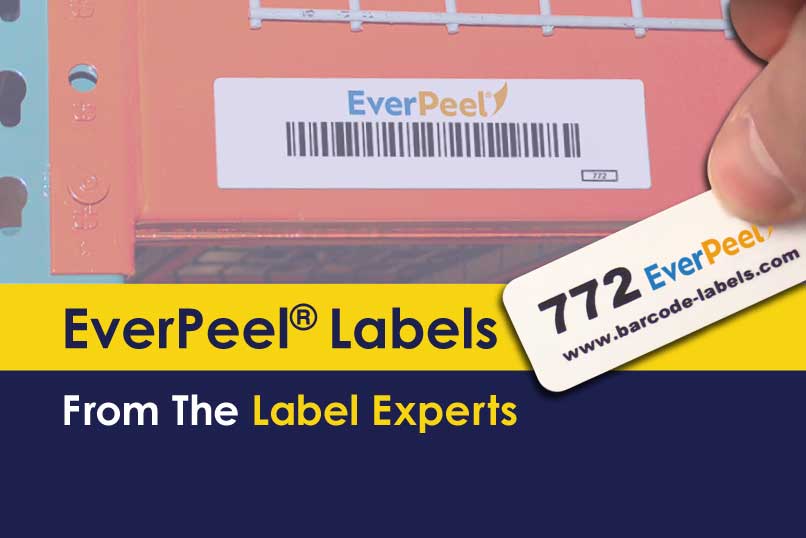 YouTube thumbnail featuring an EverPeel® removable barcode label on a surface, with a small peeled label reading “772 EverPeel.” Bold banner text reads “EverPeel® Labels” and “From The Label Experts” in yellow and navy branding.