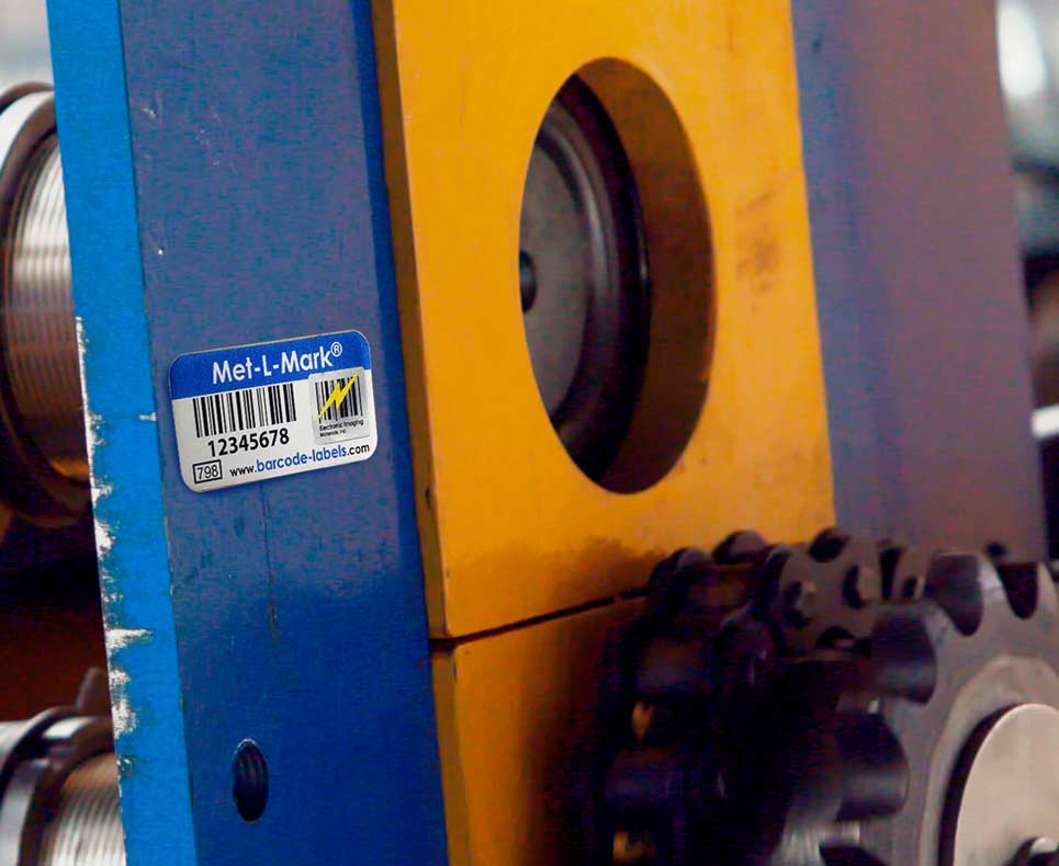 Met-l-mark metal durable barcode asset label on industrial machinery