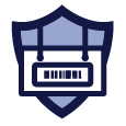 Hanging plastic placard in front of light blue shield icon
