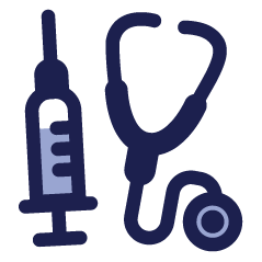 Blue and white icon of a medical needle and stethoscope