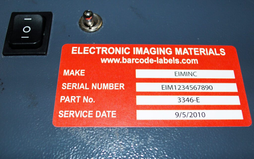 Rating plate label on machine equipment 