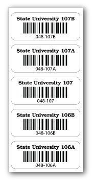 school asset labels - White barcoded labels with "State University" and sequential numbering 