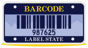 Barcode label in the shape of a license plate with text that says 'Barcode' on top with an actual barcode underneath that says 987625' and 'Label State' at the bottom.