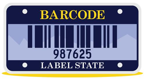 Barcode label in the shape of a license plate with text that says 'Barcode' on top with an actual barcode underneath that says 987625' and 'Label State' at the bottom.