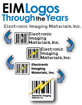 Infographic titled "EIM Logos Throughout the Years" featuring the Electronic Imaging Materials logo from 1987 to now.