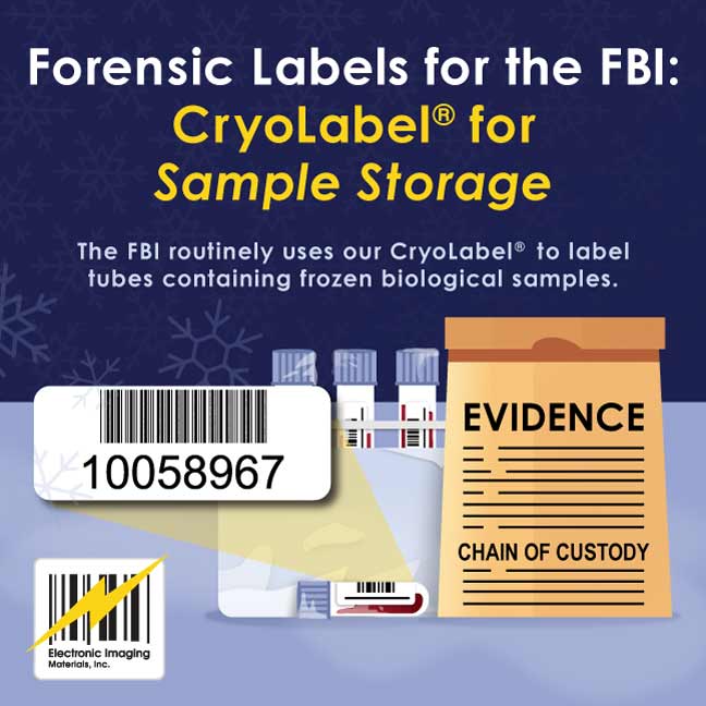 Carousel slide showing an enlarged label applied to a sample test tube, with frozen vials in the background. The slide title reads “Forensic Labels for the FBI,” describing CryoLabel use for labeling frozen biological samples.