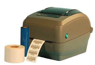 In-house barcode label printing items including a label printer, a roll of blank labels, and a printing ribbon