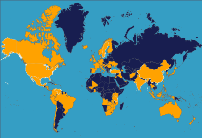 Blue color coded map of the world, yellow countries symbolizing where EIM products have been sold , dark blue are countries EIM has not sold to
