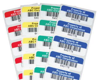 Asset labels with barcodes and various colors - color coding labels