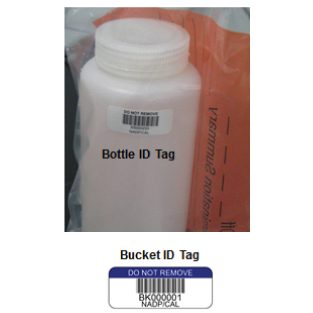 Bottle ID tag affixed to a sample bottle and example graphic of a Bucket ID tag