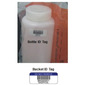 Bottle ID tag affixed to a sample bottle and example graphic of a Bucket ID tag