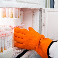 frozen vials with color-coding Cryogenic tubes in a cryogenic freezer, with outreached orange glove attempting to handle frozen vials with cryolabel