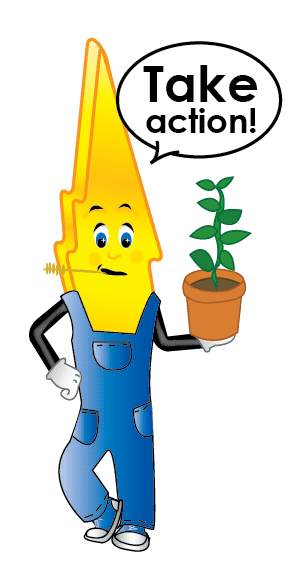 A cartoon lightning bolt in overalls holding a potted plant. Saying "Take Action!"