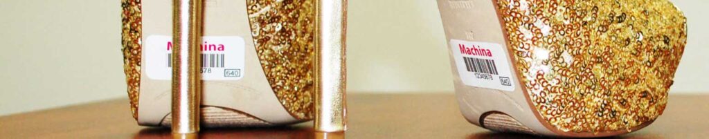 Gold shoes with barcode labels