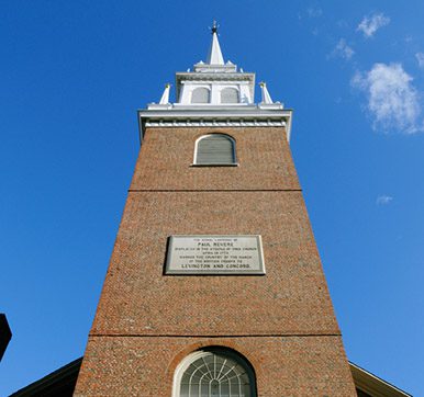 Old North Church tower and blue sky 