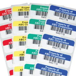 Asset labels with barcodes and various colors for color coding labels