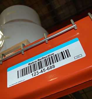 Reflective label on a warehouse rack