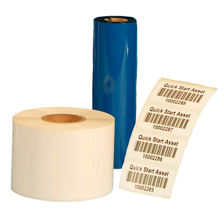 Printed labels next to a blank roll of labels and a printing ribbon