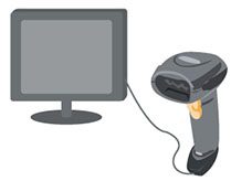 Graphic of barcode scanner plugged into a computer 