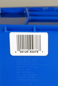 UPC Label on Blue Bin