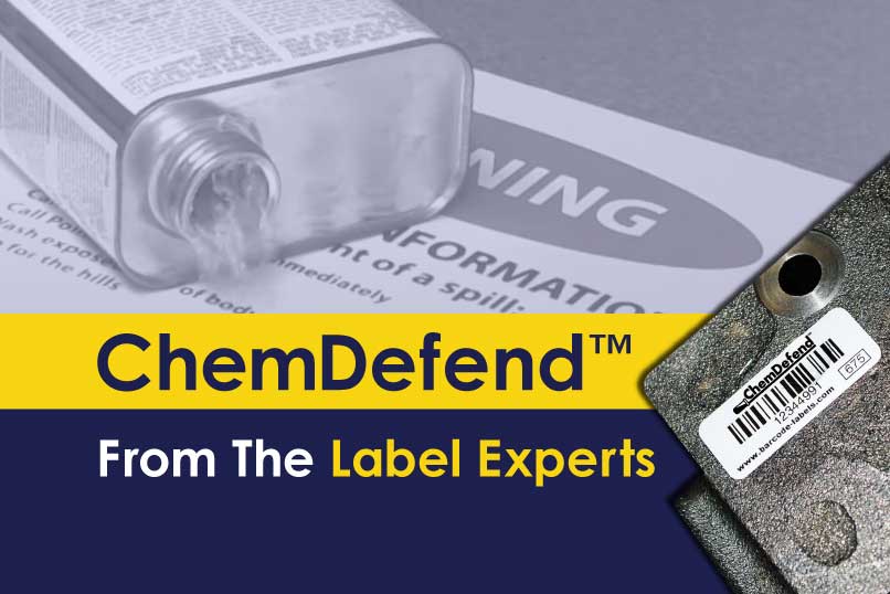 YouTube thumbnail featuring a ChemDefend chemical resistant label applied to a metal industrial surface with a chemical spilled over. Bold banner text reads ChemDefend” and “From The Label Experts” in yellow and navy branding.