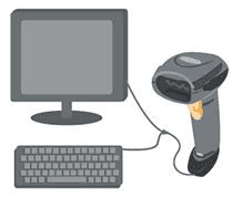 Graphic of barcode scanner plugged into a computer and a keyboard
