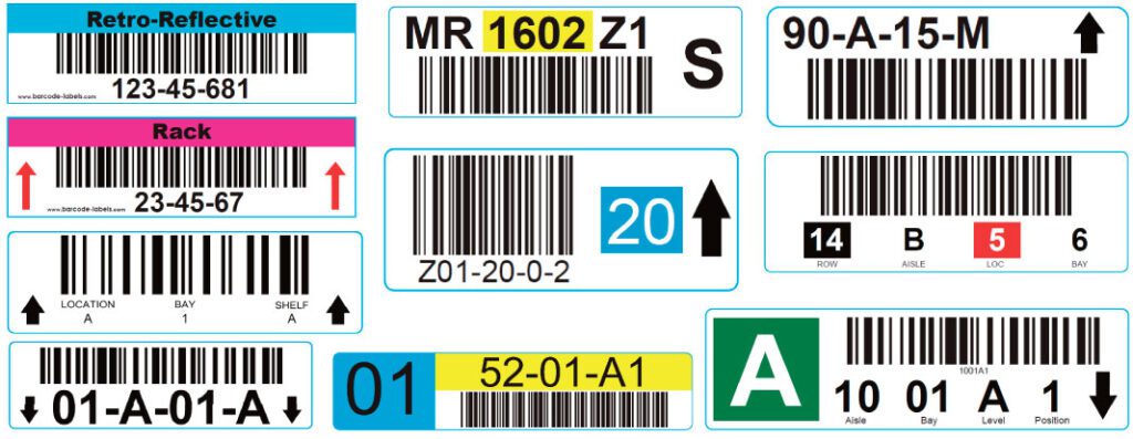 Various warehouse rack label layouts