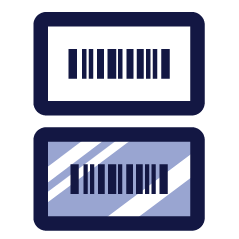 White printed label above a silver printed label icon