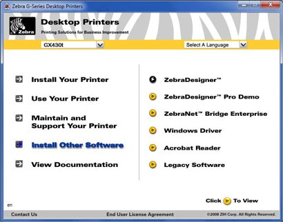 Zebra printer setup dropdown menu