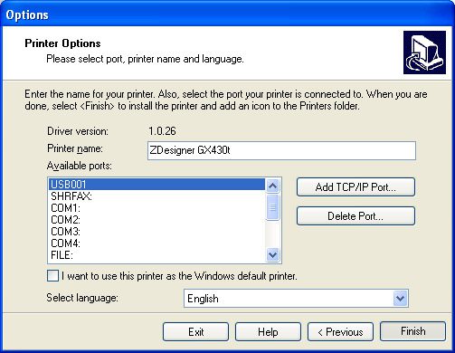 Zebra select printer port