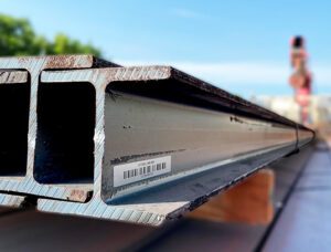 Barcode Labeled steel beam outside at a construction site