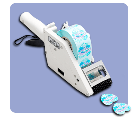 Handheld label applicator for barcode labeling with blue background