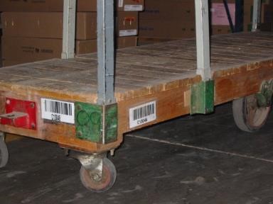 Barcode labeled cart in a warehouse