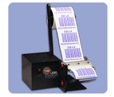 Barcode labeling dispenser with blue background