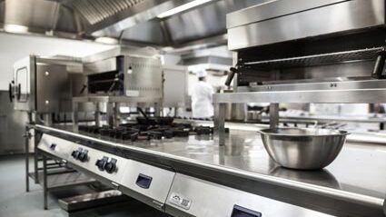 Industrial Kitchen on a cruise ship with a metal barcode asset label