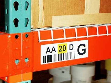 Warehouse rack with a rack label applied