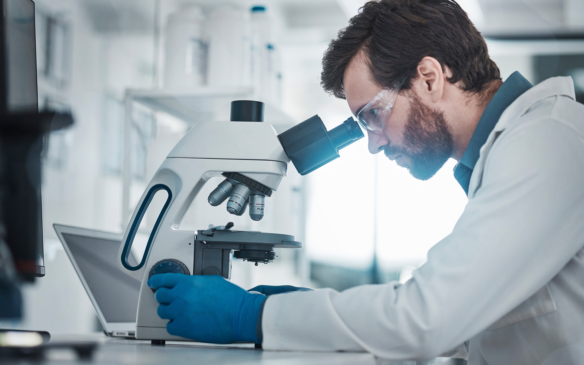 Chemistry lab, biotechnology and scientist working on chemical