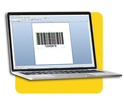 BarTender label design software full screen on laptop with yellow background