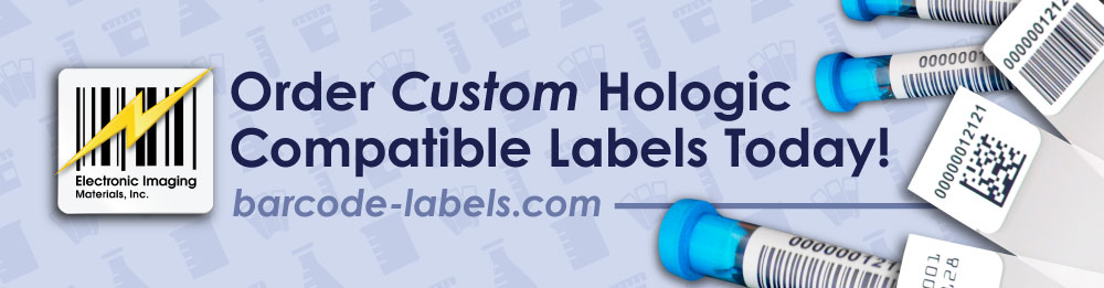 Hologic labeled test tubes and microscope slides spread out with text on left: "Order Custom Hologic Compatible Labels Today!"